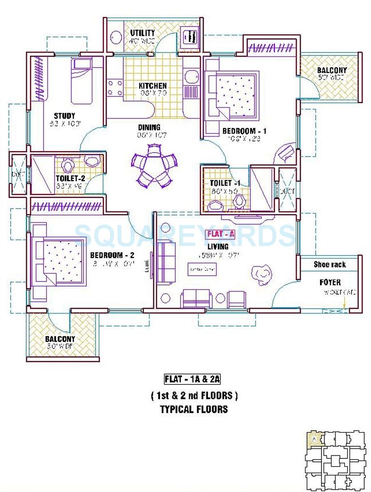 Floor plan of 2 BHK 847 Sq. Ft. Apartment in Ramaniyam Gauravv Ph 2 Block Ii, Chennai