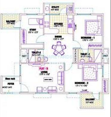 Floor plan of 2 BHK 1316 Sq. Ft. Apartment in Ramaniyam Gauravv Ph 2 Block Ii, Chennai