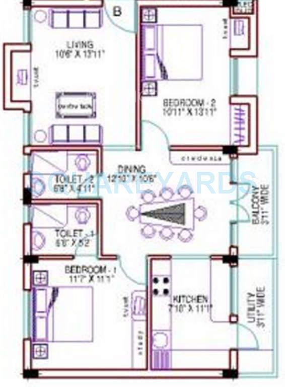 Floor plan of 2 BHK 1106 Sq. Ft. Apartment in Ramaniyam Gauravv Phase 1, Chennai