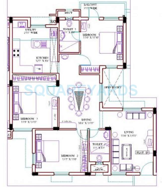 Floor plan of 3 BHK 1515 Sq. Ft. Apartment in Ramaniyam Gauravv Phase 1, Chennai