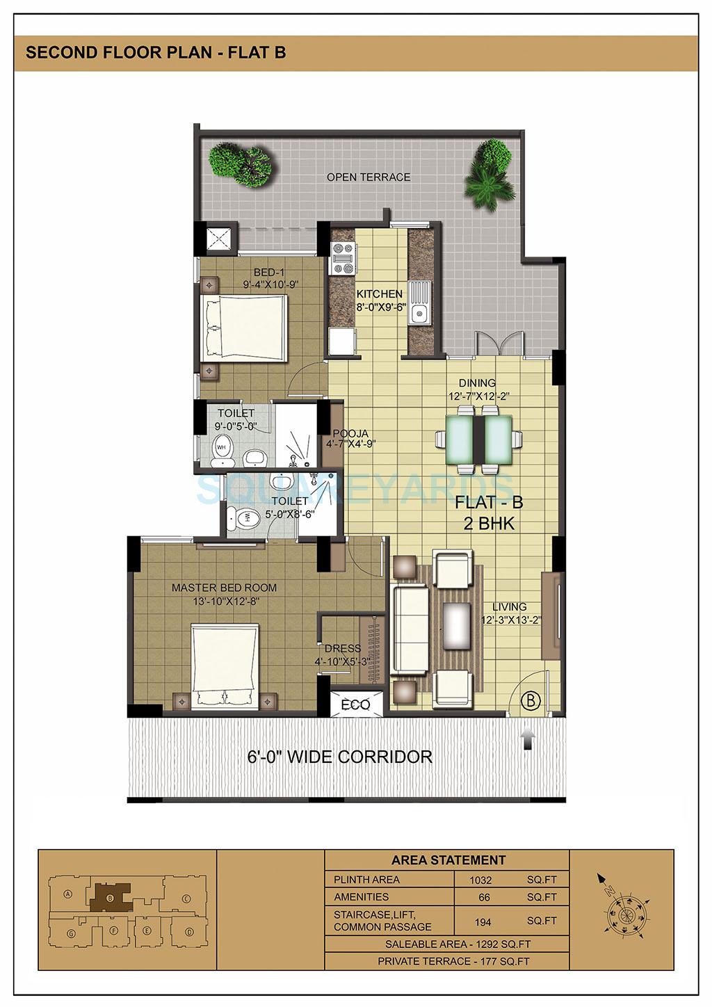 Floor plan of 2 BHK 1292 Sq. Ft. Apartment in Ramaniyam Isha, Chennai