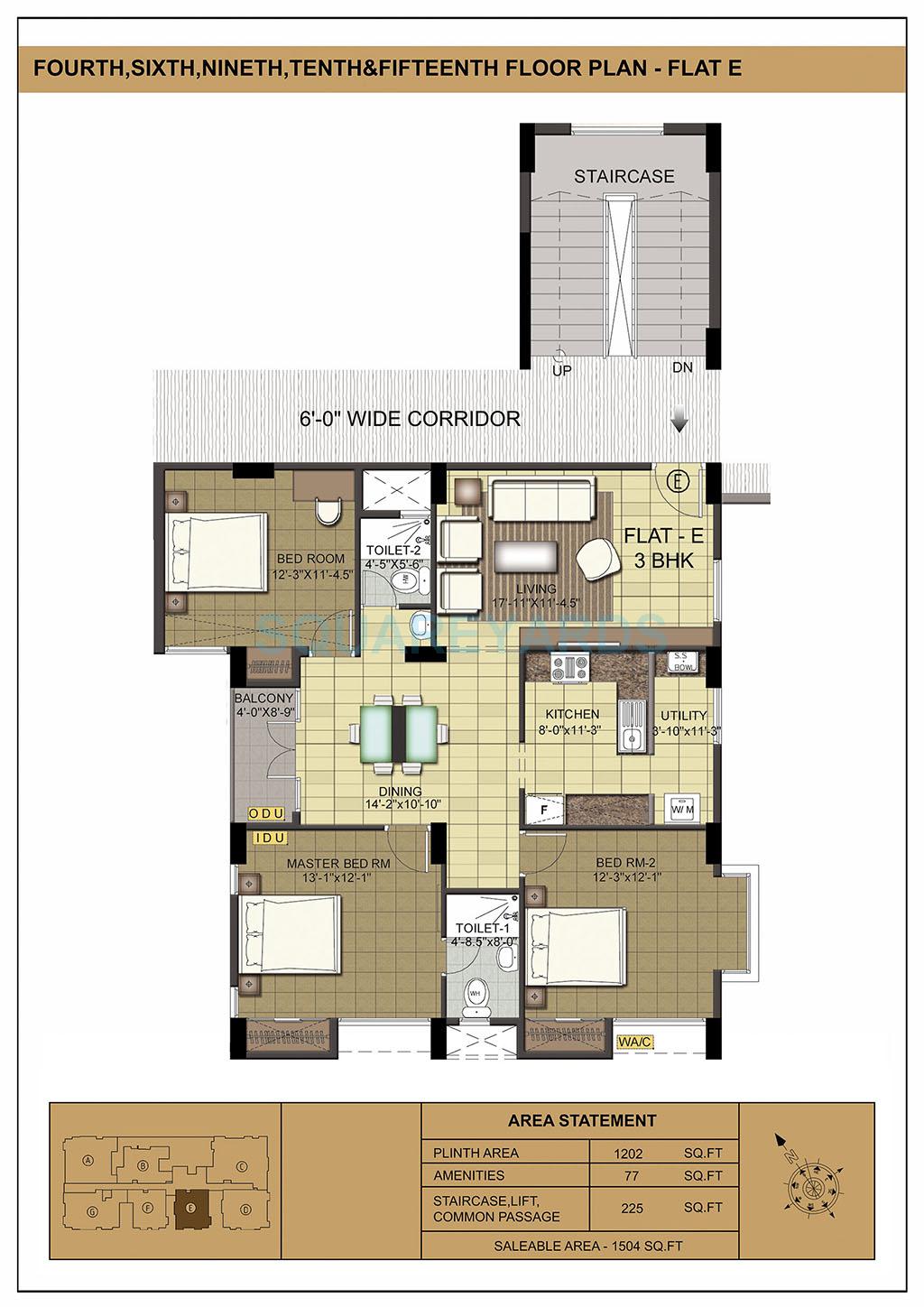 Floor plan of 3 BHK 1504 Sq. Ft. Apartment in Ramaniyam Isha, Chennai