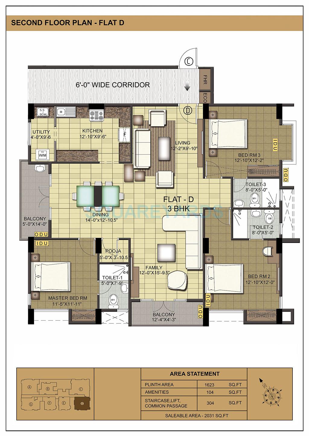 Floor plan of 3 BHK 2031 Sq. Ft. Apartment in Ramaniyam Isha, Chennai