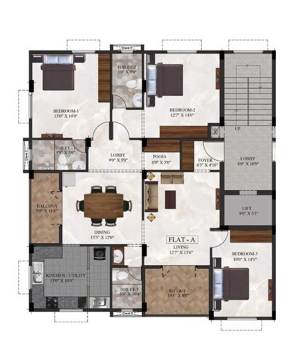 Floor plan of 3 BHK 1800 Sq. Ft. Apartment in Ramaniyam Kalpataru, Chennai