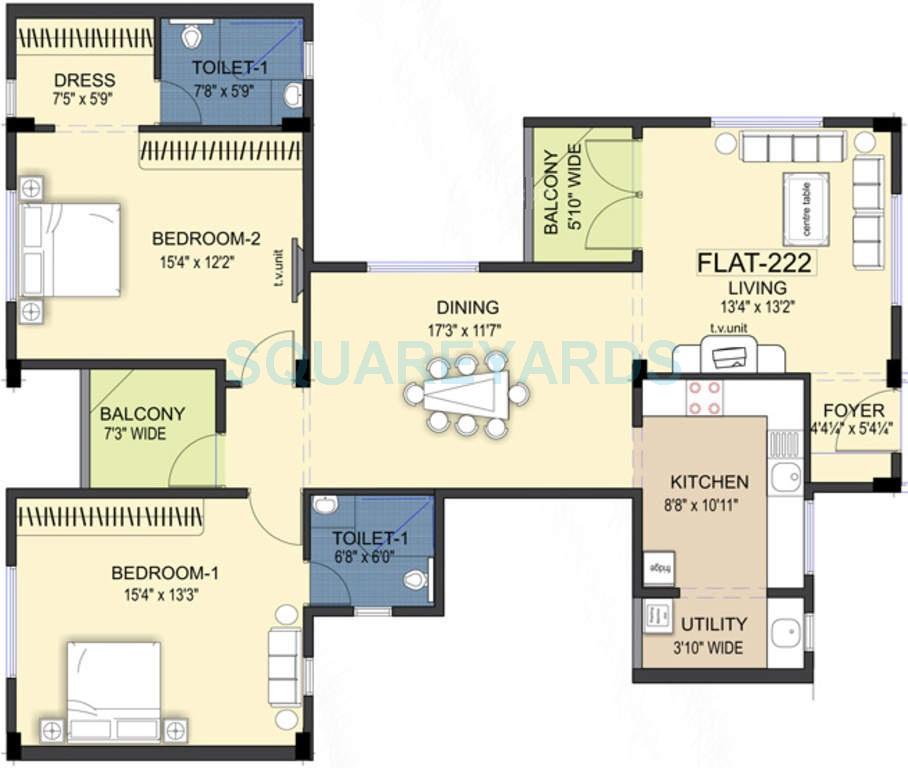 Floor plan of 2 BHK 1621 Sq. Ft. Apartment in Ramaniyam Kattima, Chennai
