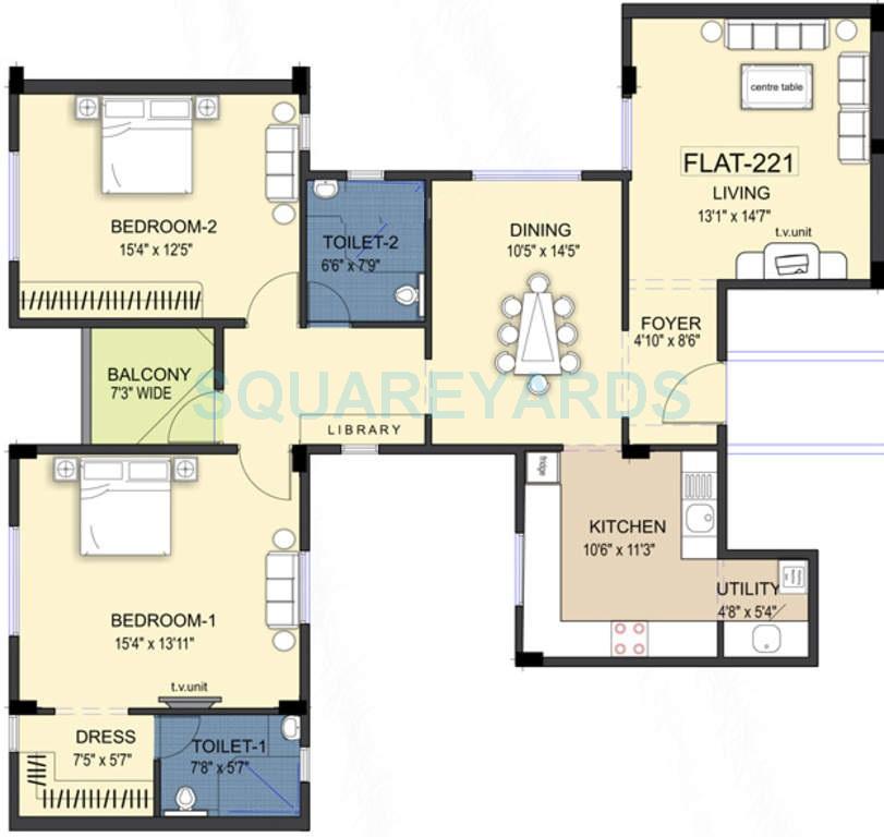 Floor plan of 2 BHK 1651 Sq. Ft. Apartment in Ramaniyam Kattima, Chennai
