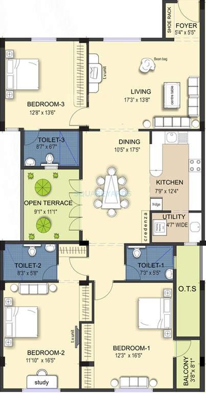 Floor plan of 3 BHK 1929 Sq. Ft. Apartment in Ramaniyam Kattima, Chennai