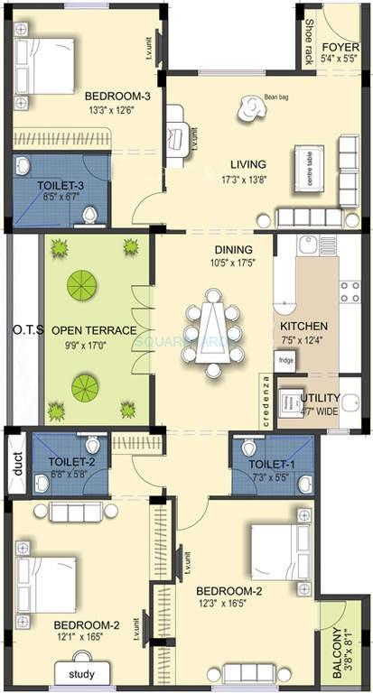 Floor plan of 3 BHK 2248 Sq. Ft. Apartment in Ramaniyam Kattima, Chennai