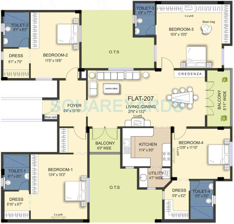 Floor plan of 4 BHK 2551 Sq. Ft. Apartment in Ramaniyam Kattima, Chennai