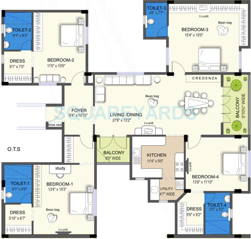 Floor plan of 4 BHK 2611 Sq. Ft. Apartment in Ramaniyam Kattima, Chennai