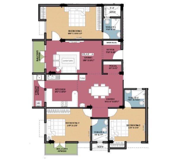 Floor plan of 3 BHK 1750 Sq. Ft. Apartment in Ramaniyam Lotus, Chennai