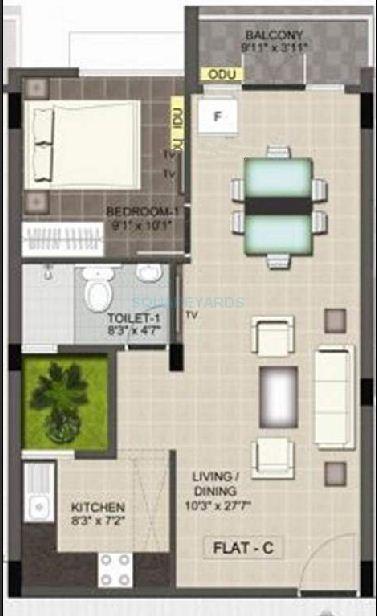 Floor plan of 1 BHK 696 Sq. Ft. Apartment in Ramaniyam Maanas, Chennai