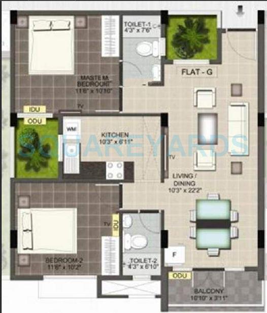Floor plan of 2 BHK 899 Sq. Ft. Apartment in Ramaniyam Maanas, Chennai
