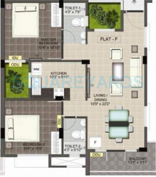 Floor plan of 2 BHK 910 Sq. Ft. Apartment in Ramaniyam Maanas, Chennai