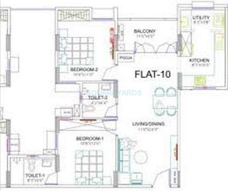 Floor plan of 2 BHK 1000 Sq. Ft. Apartment in Ramaniyam Marvel, Chennai