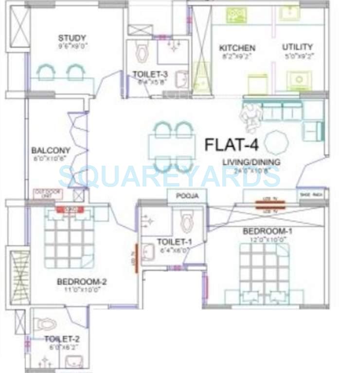 Floor plan of 2 BHK 1150 Sq. Ft. Apartment in Ramaniyam Marvel, Chennai