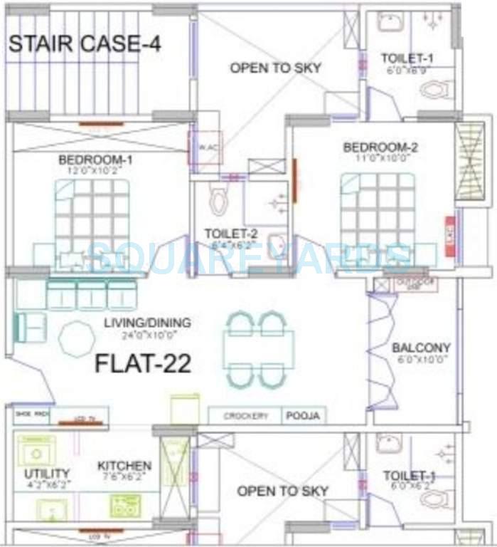 Floor plan of 2 BHK 900 Sq. Ft. Apartment in Ramaniyam Marvel, Chennai