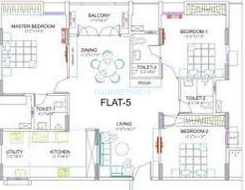 Floor plan of 3 BHK 1500 Sq. Ft. Apartment in Ramaniyam Marvel, Chennai