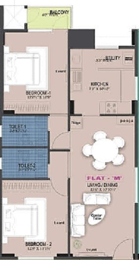 Floor plan of 2 BHK 1089 Sq. Ft. Apartment in Ramaniyam Ocean Dew, Chennai