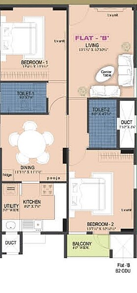 Floor plan of 2 BHK 1208 Sq. Ft. Apartment in Ramaniyam Ocean Dew, Chennai