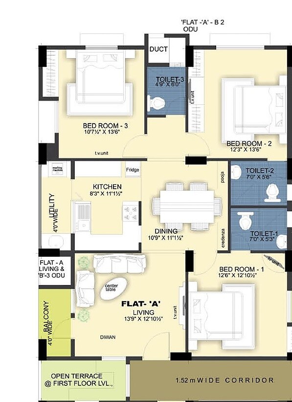 Floor plan of 3 BHK 1303 Sq. Ft. Apartment in Ramaniyam Ocean Dew, Chennai