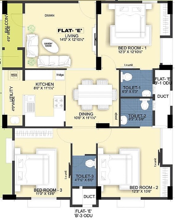 Floor plan of 3 BHK 1686 Sq. Ft. Apartment in Ramaniyam Ocean Dew, Chennai
