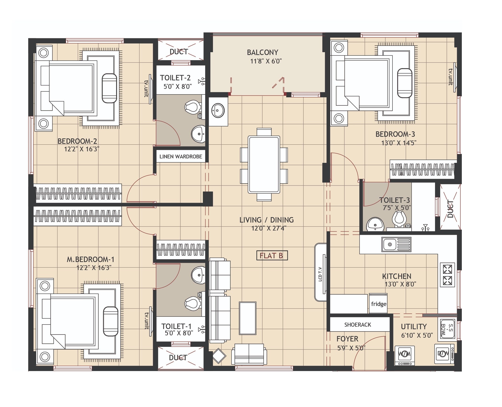 Floor plan of 3 BHK 1671 Sq. Ft. Apartment in Ramaniyam Prema Saraswathi, Chennai