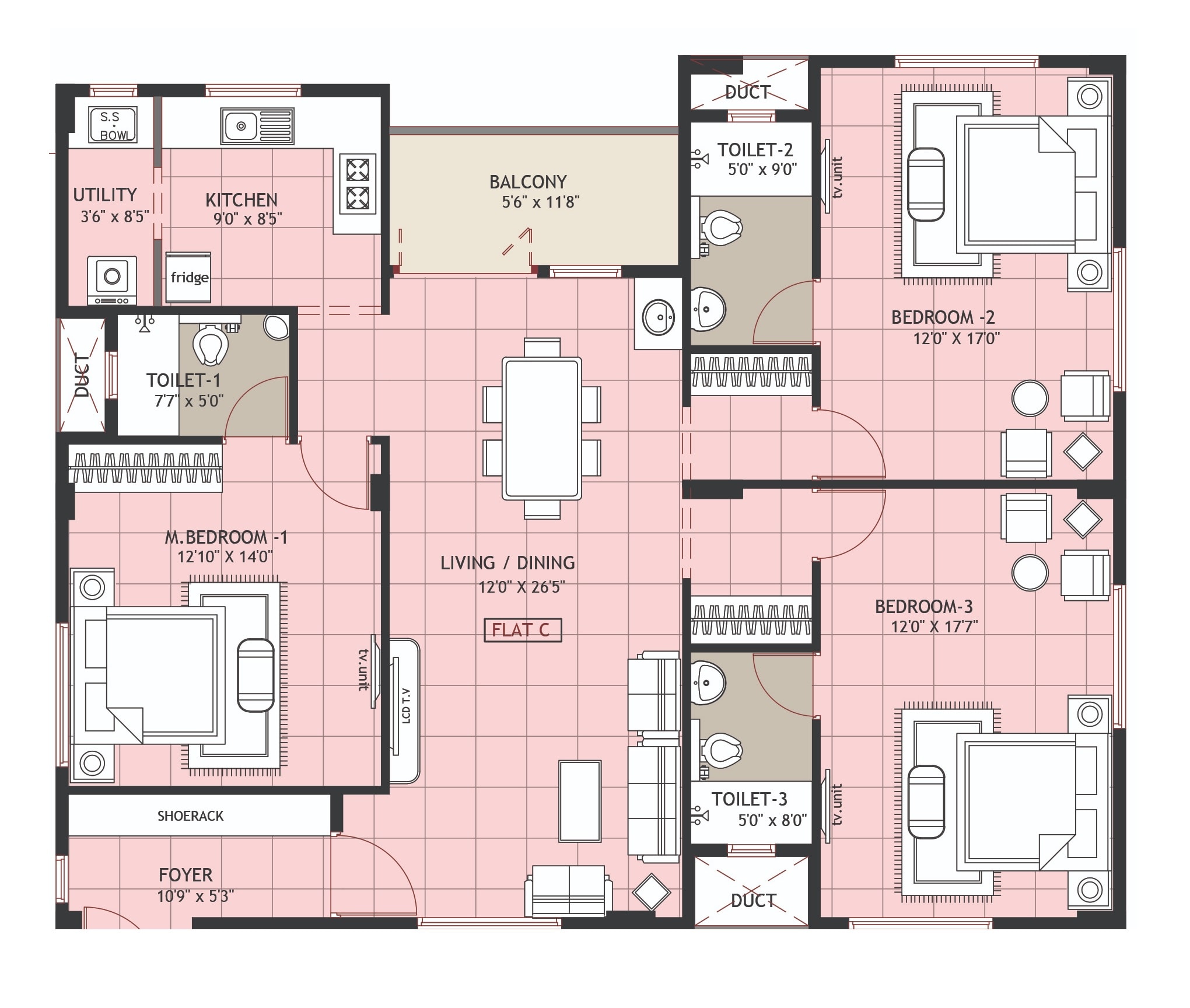 Floor plan of 3 BHK 1699 Sq. Ft. Apartment in Ramaniyam Prema Saraswathi, Chennai