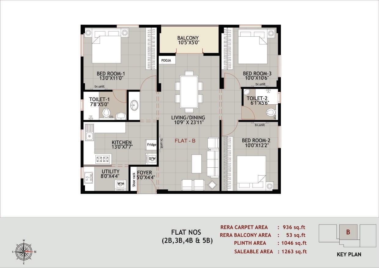 Floor plan of 2 BHK 1263 Sq. Ft. Apartment in Ramaniyam Purna Krishna, Chennai