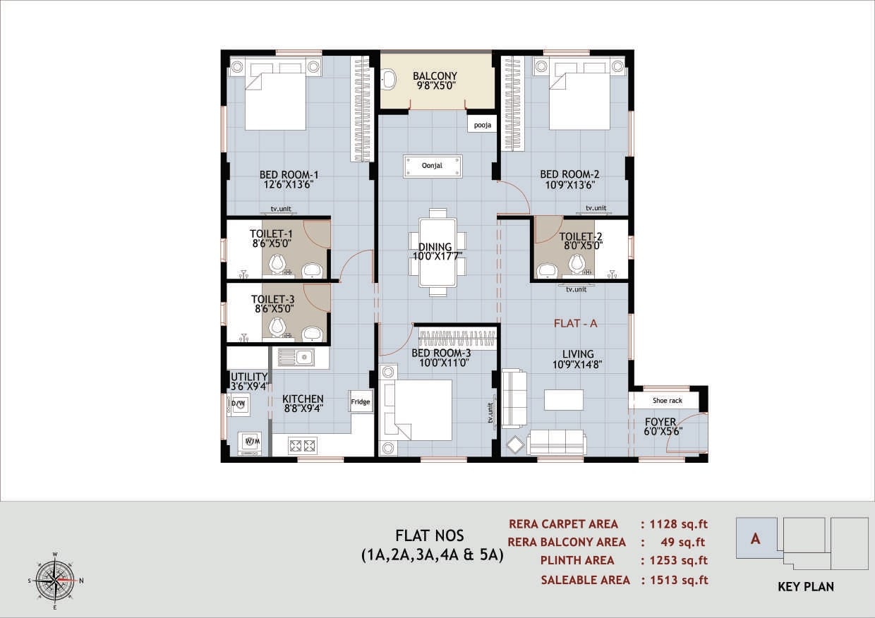 Floor plan of 3 BHK 1513 Sq. Ft. Apartment in Ramaniyam Purna Krishna, Chennai
