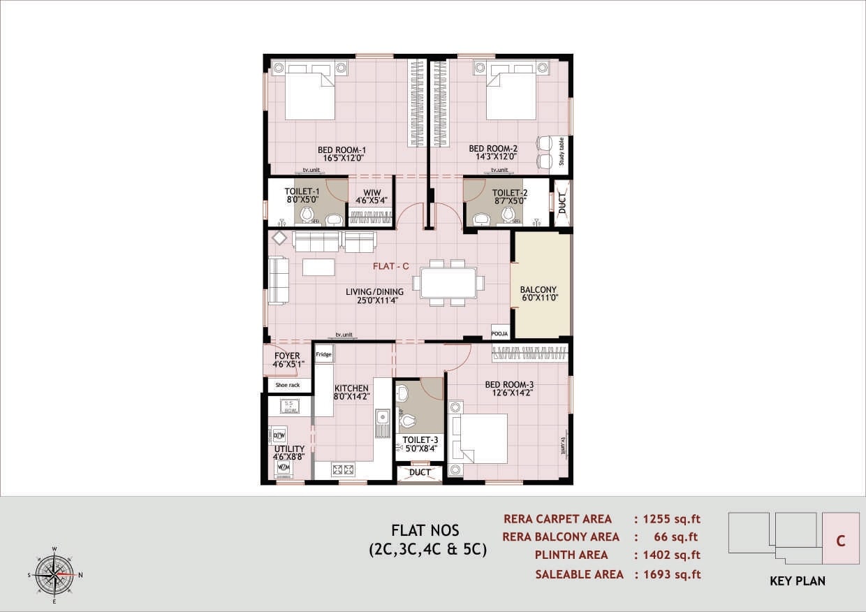 Floor plan of 3 BHK 1693 Sq. Ft. Apartment in Ramaniyam Purna Krishna, Chennai