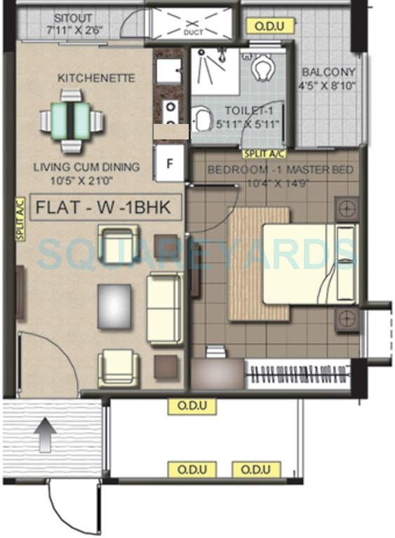 Floor plan of 1 BHK 620 Sq. Ft. Apartment in Ramaniyam Pushkar Phase Ii, Chennai