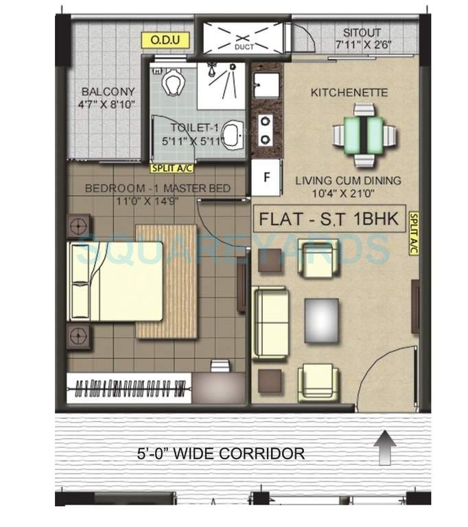 Floor plan of 1 BHK 683 Sq. Ft. Apartment in Ramaniyam Pushkar Phase Ii, Chennai