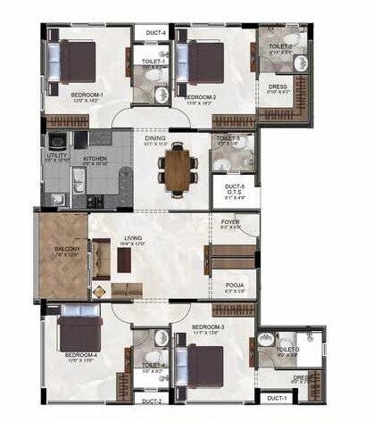 Floor plan of 4 BHK 2054 Sq. Ft. Apartment in Ramaniyam Rathnagiri, Chennai