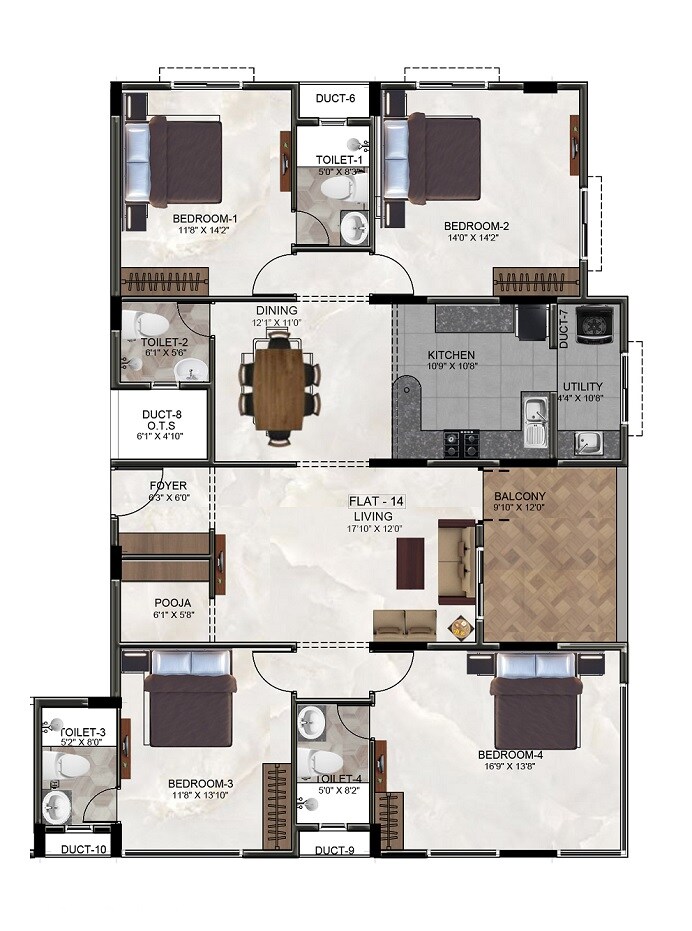 Floor plan of 4 BHK 2278 Sq. Ft. Apartment in Ramaniyam Rathnagiri, Chennai