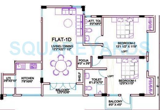Floor plan of 2 BHK 1213 Sq. Ft. Apartment in Ramaniyam Samarpann, Chennai