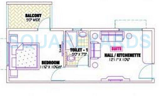Floor plan of 1 BHK 643 Sq. Ft. Apartment in Ramaniyam Sarovar, Chennai