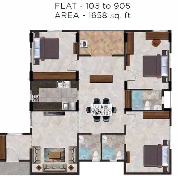 Floor plan of 3 BHK 1658 Sq. Ft. Apartment in Ramaniyam Senate, Chennai