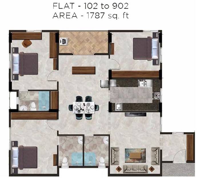 Floor plan of 3 BHK 1787 Sq. Ft. Apartment in Ramaniyam Senate, Chennai