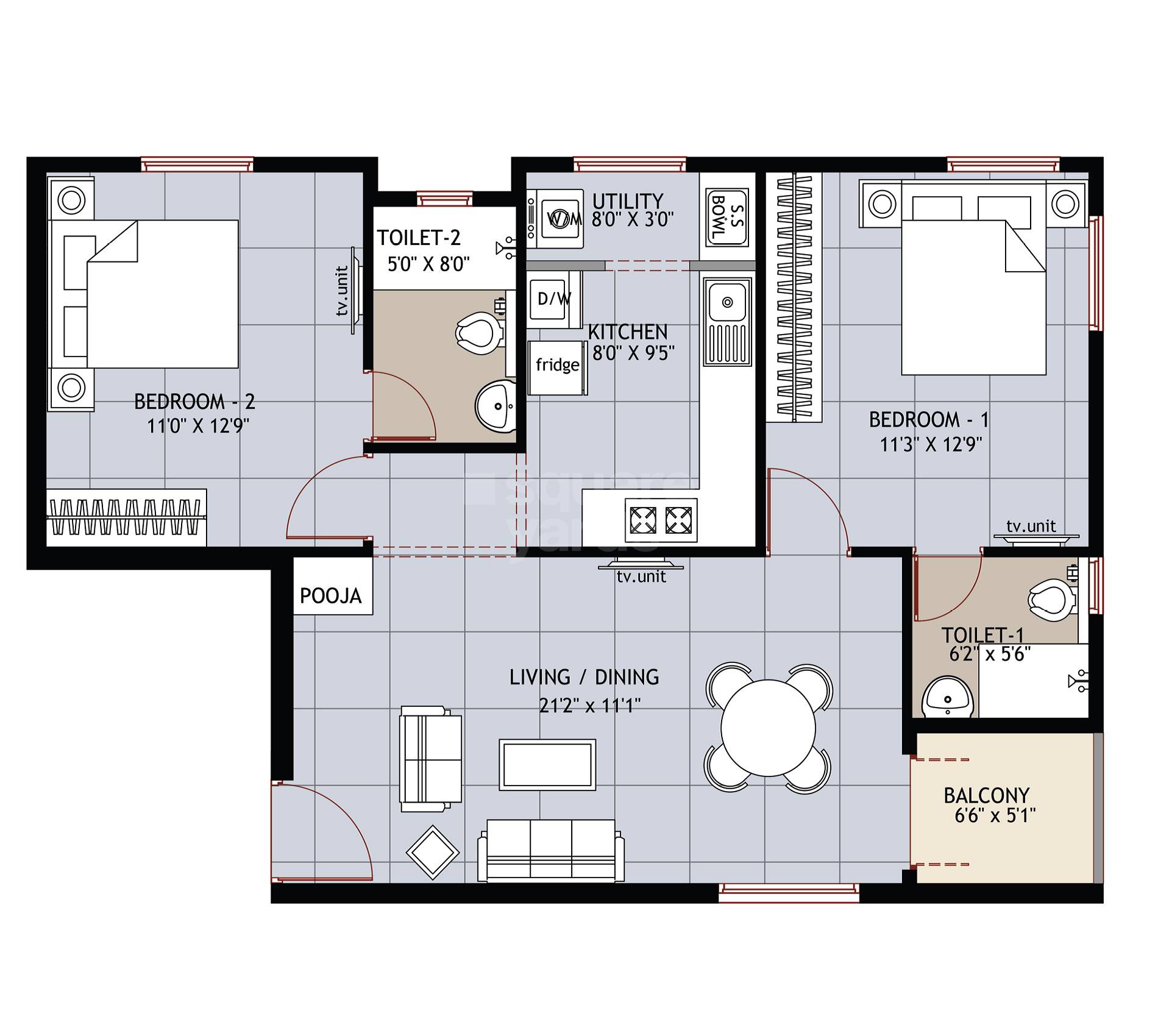 Floor plan of 2 BHK 716 Sq. Ft. Apartment in Ramaniyam Sri Vaikuntam, Chennai