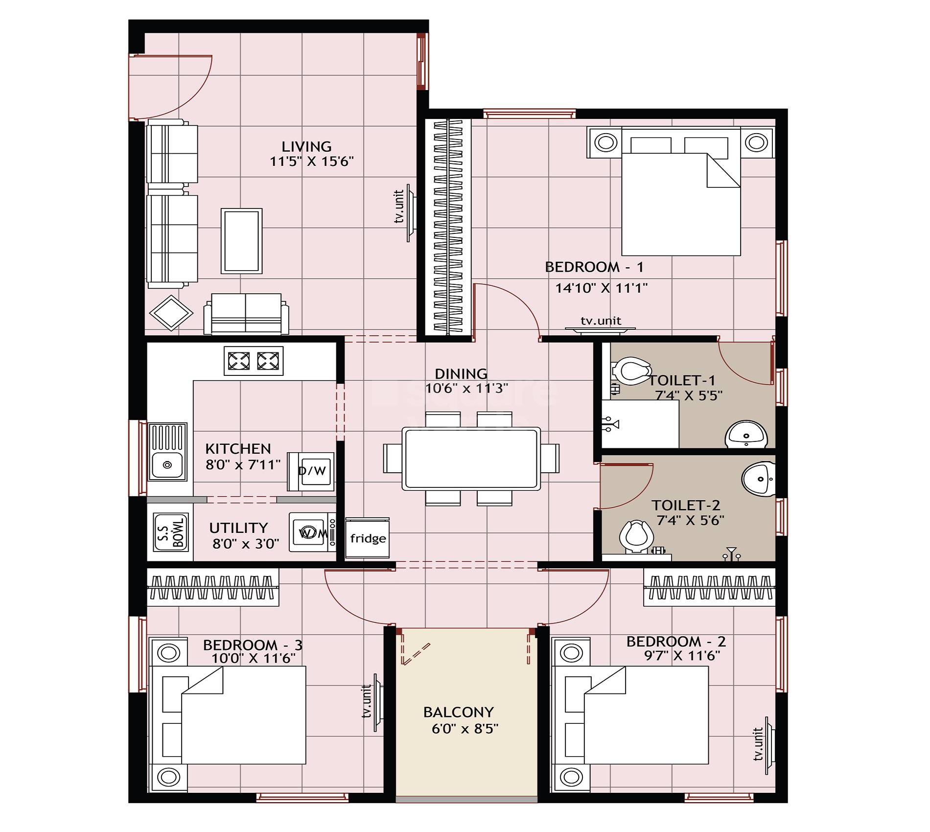 Floor plan of 3 BHK 1170 Sq. Ft. Apartment in Ramaniyam Sri Vaikuntam, Chennai