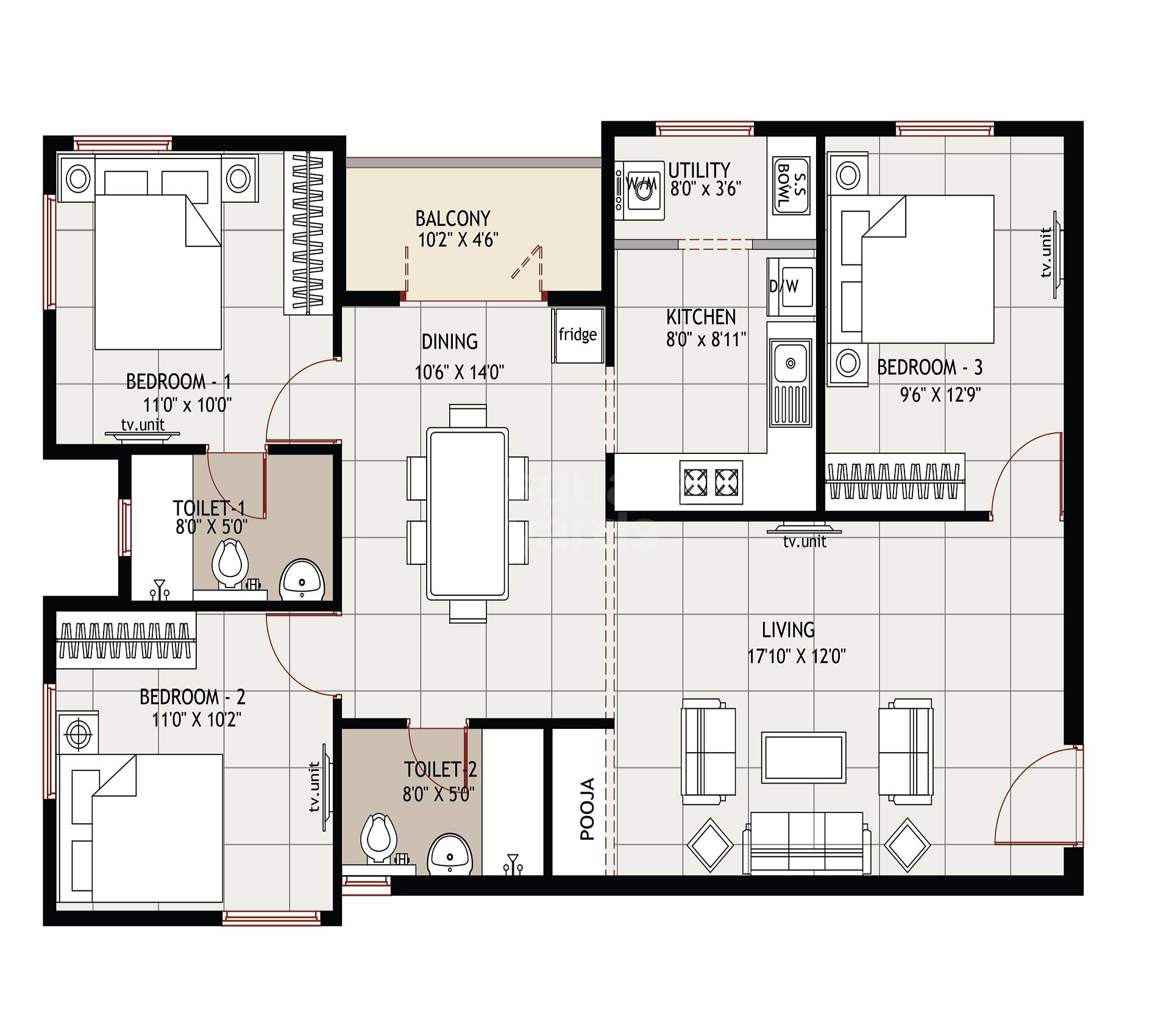 Floor plan of 3 BHK 883 Sq. Ft. Apartment in Ramaniyam Sri Vaikuntam, Chennai