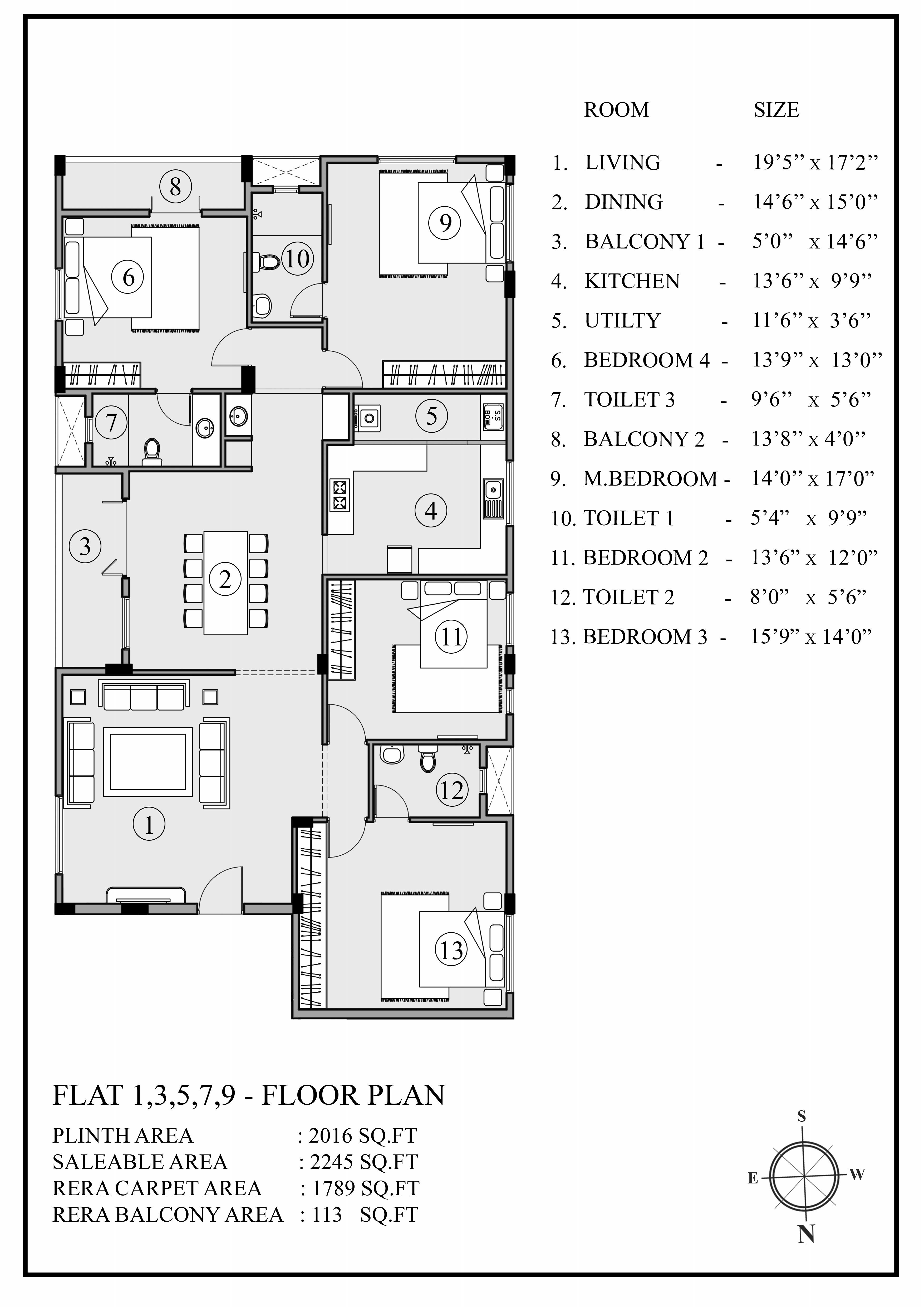 Floor plan of 4 BHK 2245 Sq. Ft. Apartment in Ramaniyam Sridevi, Chennai