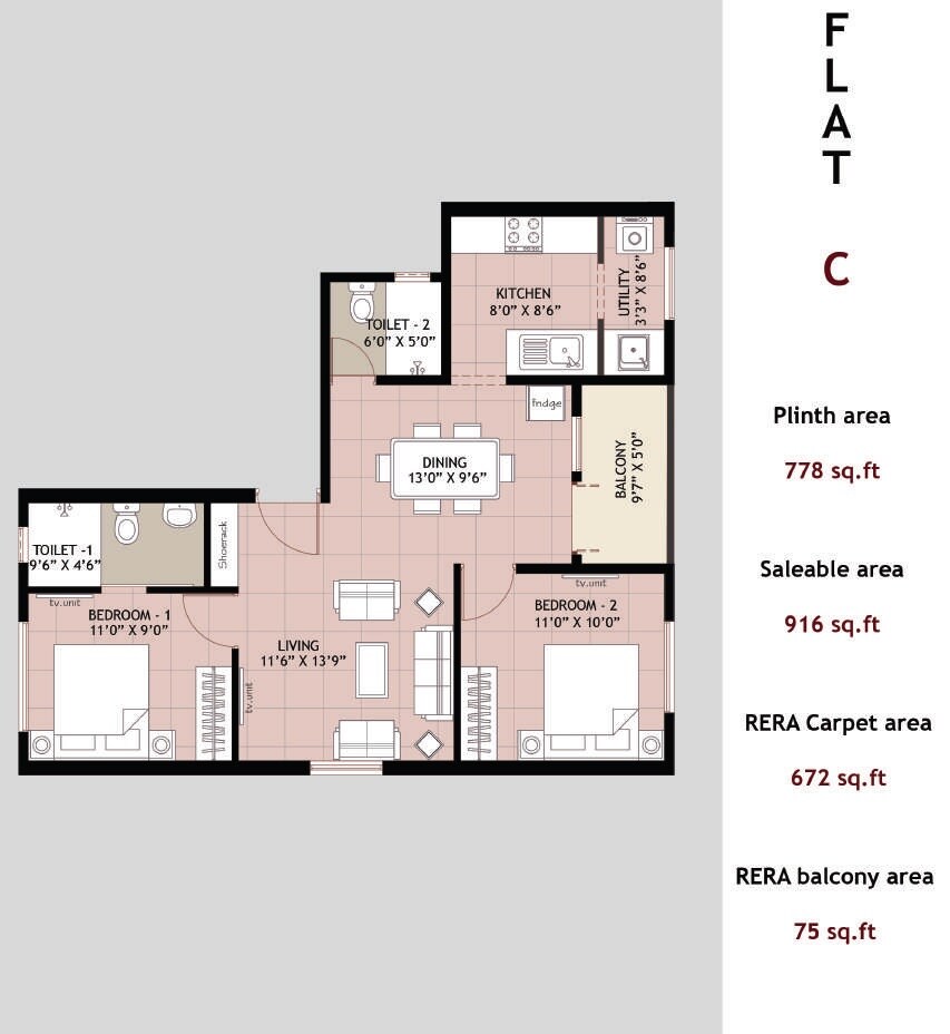 Floor plan of 2 BHK 916 Sq. Ft. Apartment in Ramaniyam Summit, Chennai