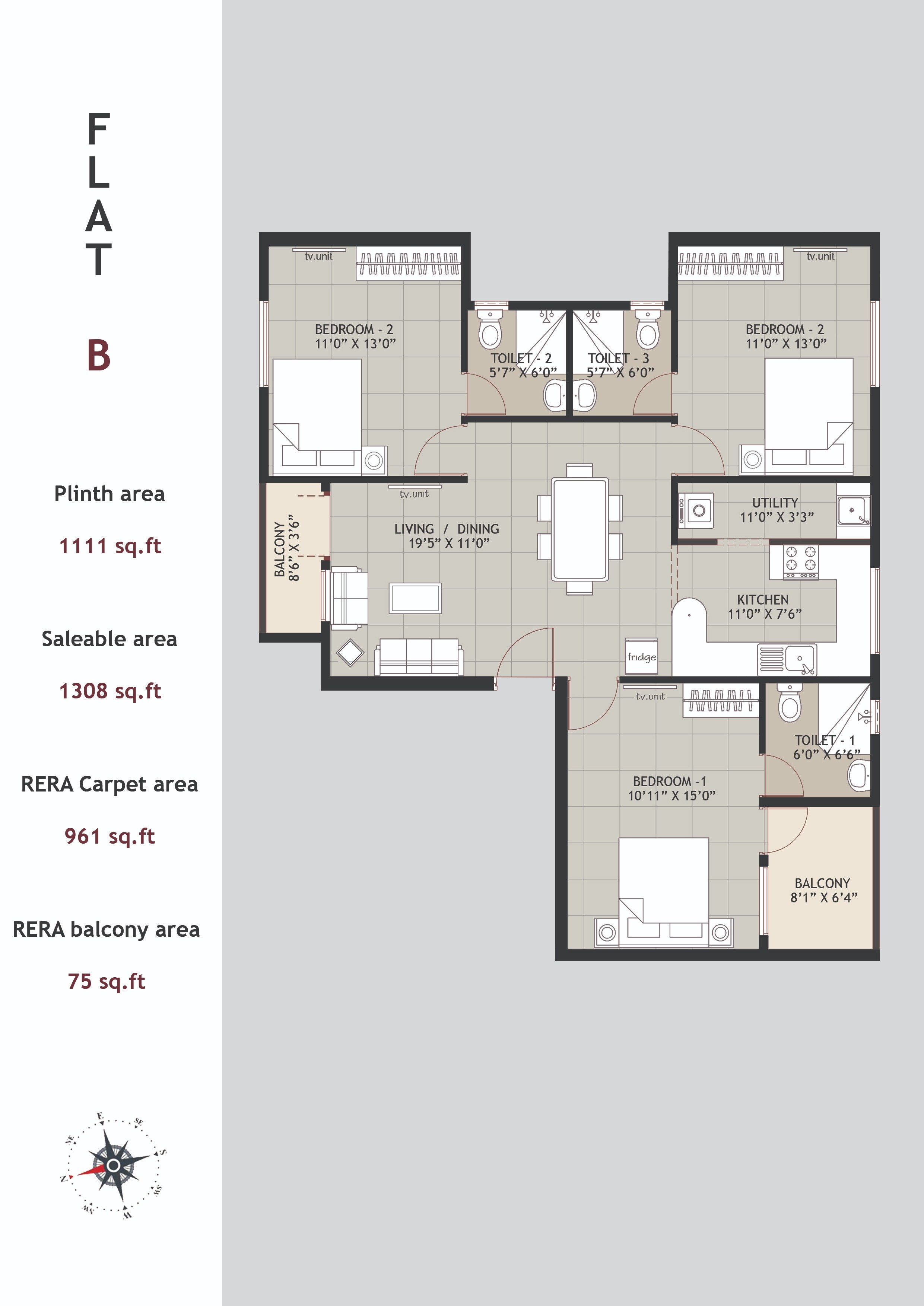 Floor plan of 3 BHK 1308 Sq. Ft. Apartment in Ramaniyam Summit, Chennai
