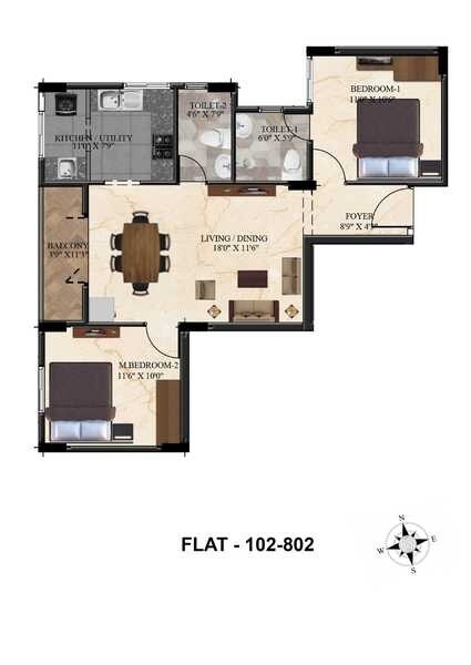 Floor plan of 2 BHK 915 Sq. Ft. Apartment in Ramaniyam Syndicate, Chennai