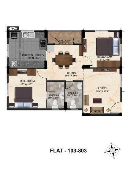 Floor plan of 2 BHK 998 Sq. Ft. Apartment in Ramaniyam Syndicate, Chennai