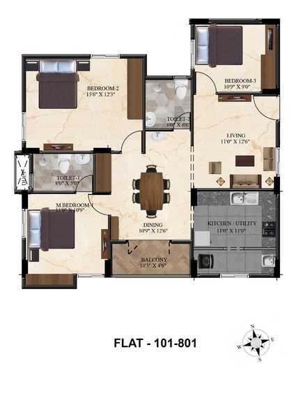 Floor plan of 3 BHK 1290 Sq. Ft. Apartment in Ramaniyam Syndicate, Chennai