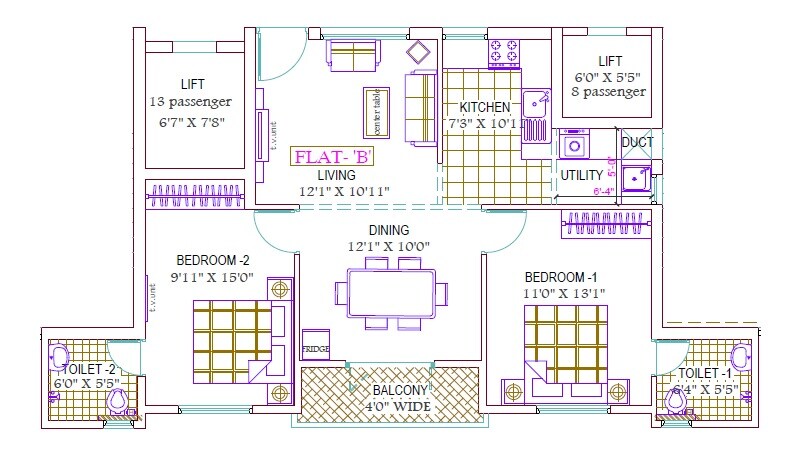 Floor plan of 2 BHK 1110 Sq. Ft. Apartment in Ramaniyam Trinity, Chennai