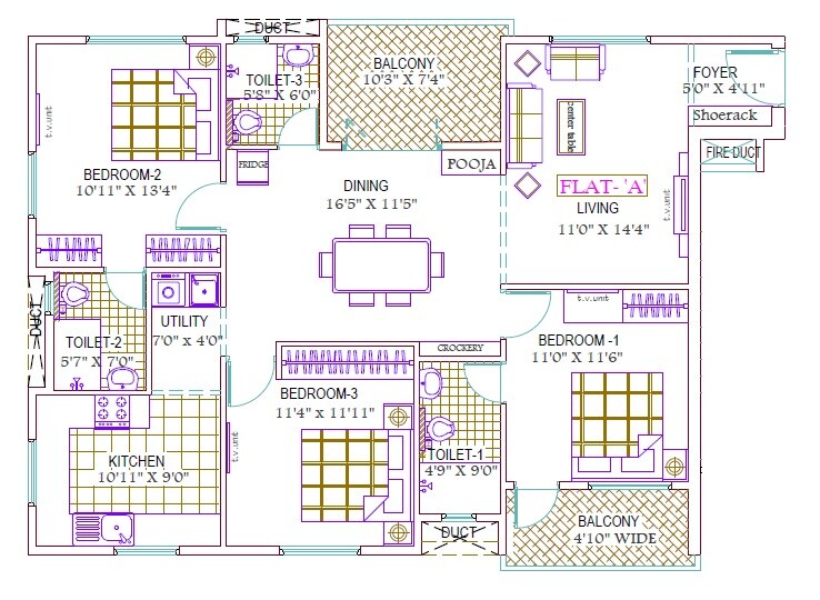 Floor plan of 3 BHK 1650 Sq. Ft. Apartment in Ramaniyam Trinity, Chennai